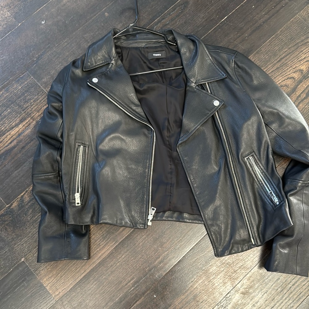 theory black leather jacket nwot. size L